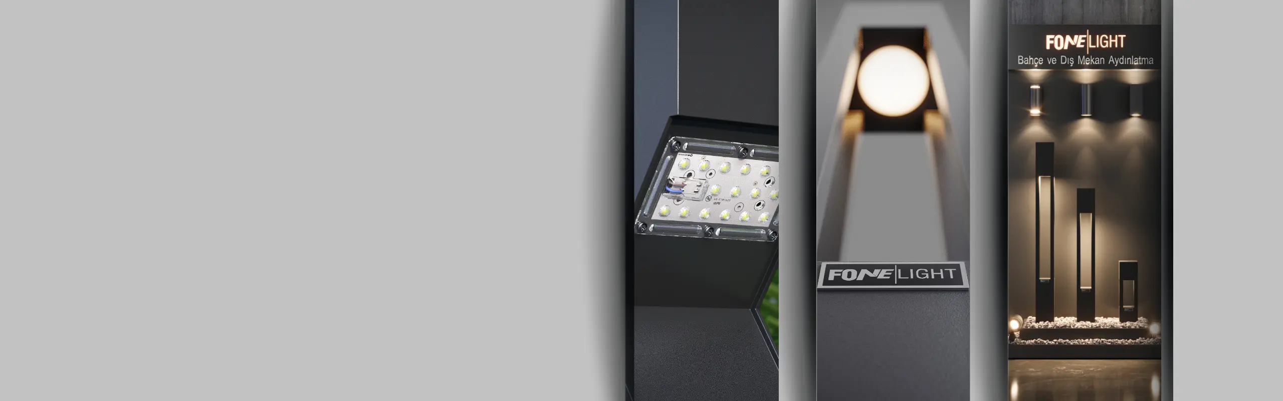 Bir Fonelight LED modülünün yakın çekimi, ışıklı bir bollard armatürü ve mağaza içi Fonelight dış mekan armatür sergisi