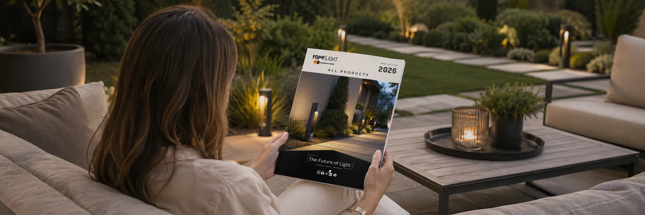 Alacakaranlıkta bollard armatürleriyle aydınlatılan bir terasta Fonelight 2026 Tüm Ürünler Kataloğu'nu okuyan bir kadın