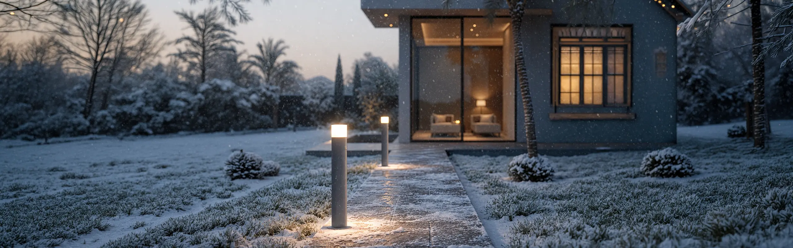 Karlı bir akşamda Fonelight bollard armatürleriyle aydınlatılan modern bir evin giriş patikası