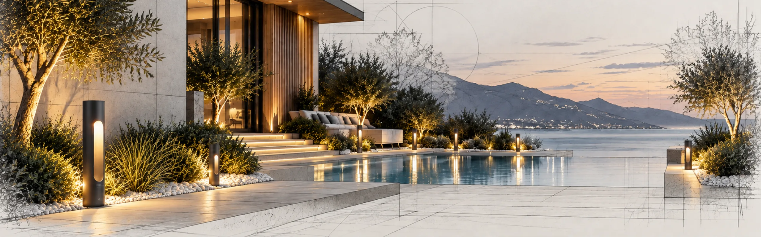 Yarısı mimari tasarım eskizi olarak işlenmiş, alacakaranlıkta Fonelight bollard armatürleriyle aydınlatılan havuz kenarı villa terası