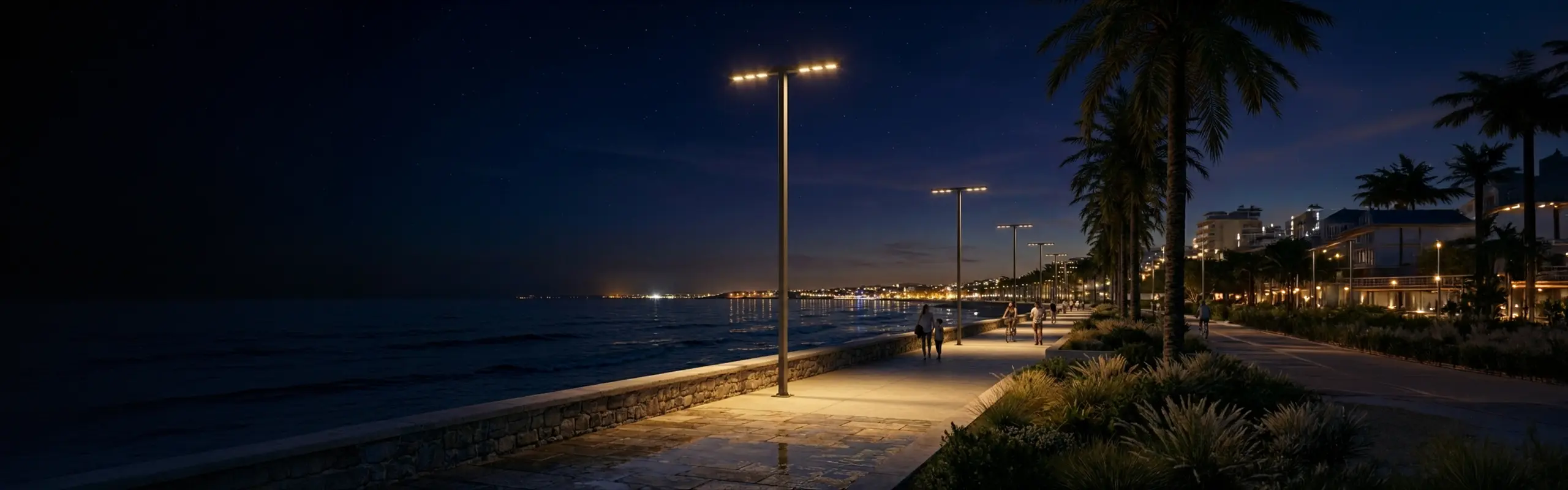 Gece palmiye ağaçlı bir sahil yürüyüş yolunu aydınlatan uzun Fonelight aydınlatma direkleri